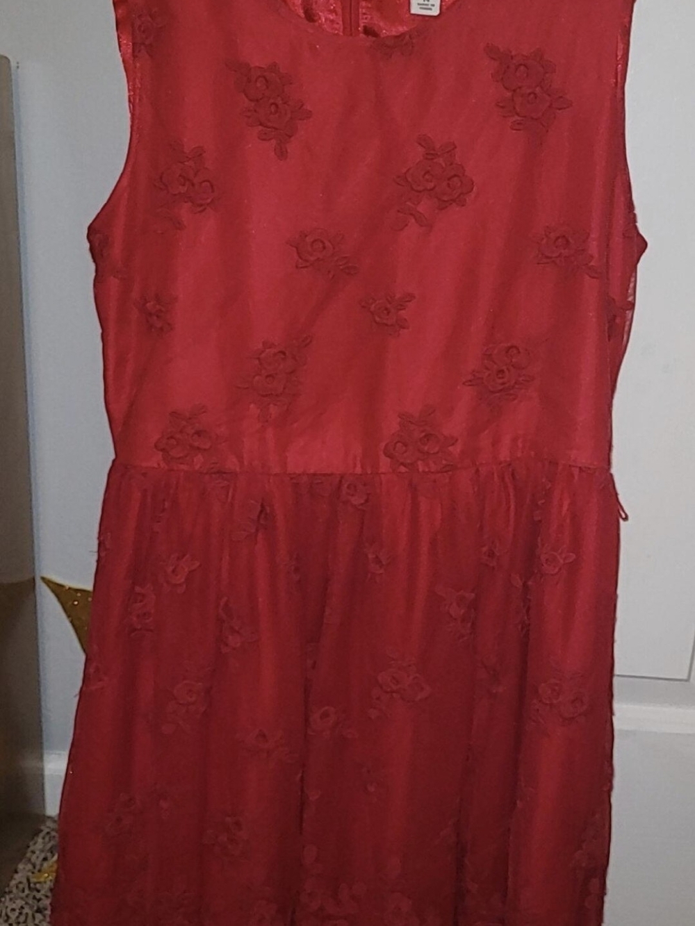 Girls' Red Sleeveless Floral Embroidered Dress